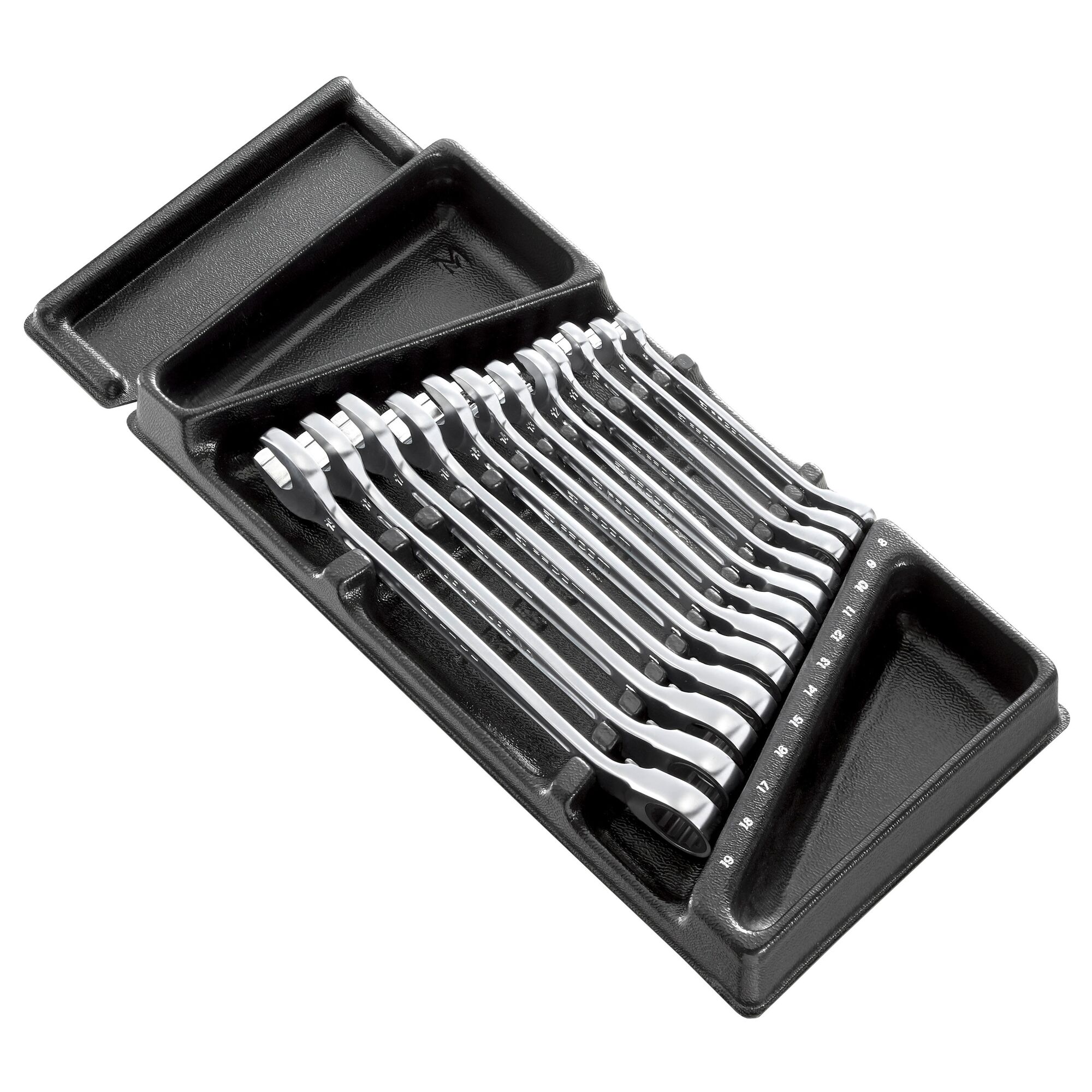 Facom MOD.467BJ12PB combination wrench set of 12 pieces in black tray, angled top view.